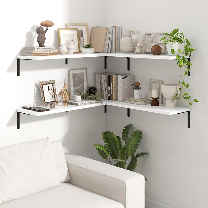 Fun Memories Deep Floating Shelves, 36W x 8D Floating Shelves Set of 2, Wall Mounted Shelf with Metal Brackets, Rustic Wood Wall Shelf for Bathroom, Kitchen and Living Room, White-NeatNest