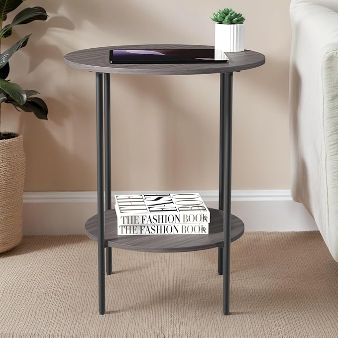 Side Table,Round End Table with 2 Storage Shelves| Compact Side Tables for Living Room, Couch, Office & Bedroom | Narrow Accent Table as Space-Saving Small Bedside Table 18x18x22in (Grey)