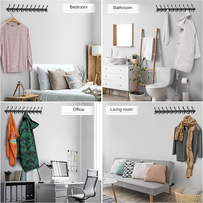 Coat Rack Wall Mount with 10 Tri Hooks, Stainless Steel 32 Inch – Black Matte Finish, Heavy Duty Wall Mounted Hook Rack for Coats, Hats, Towels, Scarfs, Robes, Bags, Entryway & Bathroom - 2 Pack-NeatNest