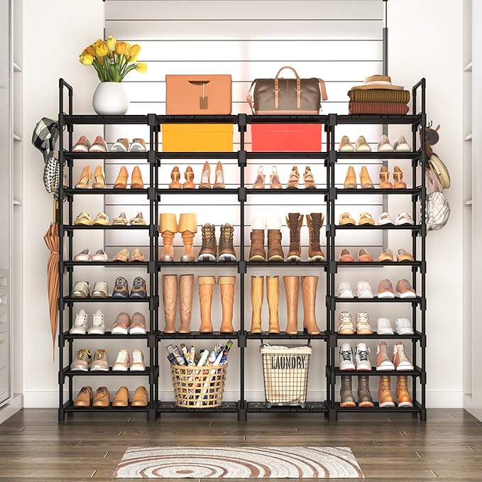 ROJASOP Large Shoe Rack Organizer for Entryway Closet 64-68 Pairs 9-Tier Heavy Duty Tall Garage Shoe Rack Shoe Shelf Shoes Storage with 18 Pcs Removable Side Hooks for Bedroom and Garage Black-NeatNest