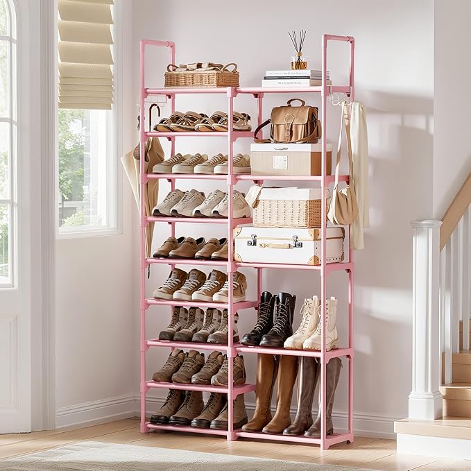 WOWLIVE 9 Tiers Shoe Rack Shoe Storage Shoe Organizer 30-35 Pairs Shoe Tower Unit Shelf Durable Metal Pipes with Plastic Connectors Stackable Cabinet Pink-NeatNest