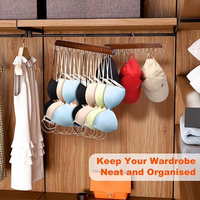 Bra and Tank Top Closet Organizer Hangers, 2-Pack with 14 Hooks, Foldable Wooden Space-Saving Hanger, 360° Rotating Closet Organizer for Bras, Tank Tops, Scarves, and More (Brown)-NeatNest
