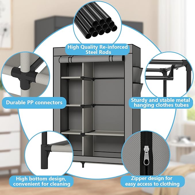 Calmootey Portable Closet, Wardrobe with 6 Shelves and Hanging Rod, Storage Organizer for Bedroom, Non-Woven Fabric Cover with 4 Side Pockets, Includes 2 Storage Bags for Clothes, Grey-NeatNest