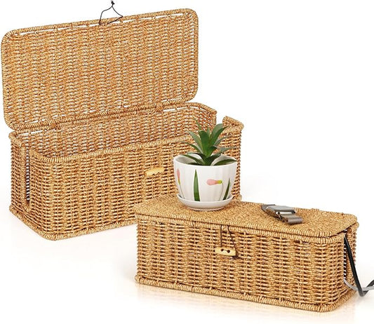 Cable Management Box, Handwoven Faux Rattan Cord Organizer Box with Lid, 2 Open Slots Cable Organizer Box, Decorative Cord Hider Box for Tv Computer USB Hub & Power Strip Holder Box