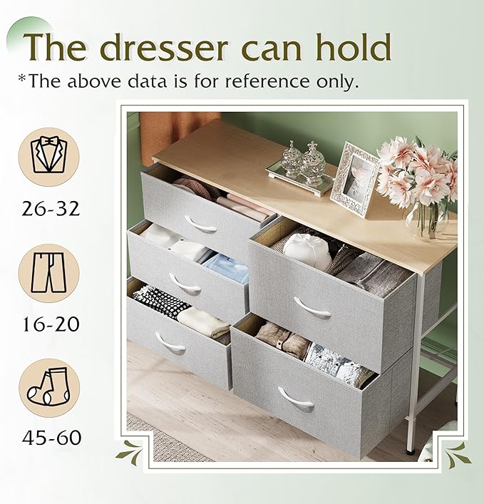 WLIVE Dresser for Bedroom with 5 Drawers, Wide Bedroom Dressers with Drawer Organizers, Chest of Drawers, Fabric Dresser for Living Room, Closet, Hallway, Light Grey-NeatNest