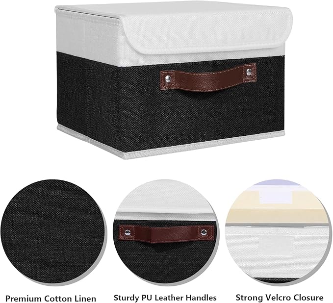 ANMINY 2PCS Storage Boxes with Lid Washable Decorative Storage Bins Basket with PU Leather Handle Foldable Linen Fabric Storage Cubes Containers for Home Closet Organizer - Black White, Small Size-NeatNest