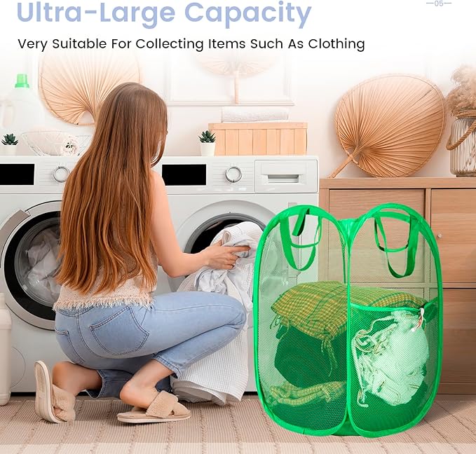 HOUSE AGAIN 2 Pcs Pop Up Laundry Hamper, Strong Mesh Laundry Baskets Collapsible, Hamper with Handles and Side Pocket, Portable Foldable Dirty Clothes for Dorm, Laundry room and Travel Storage, Grey-NeatNest