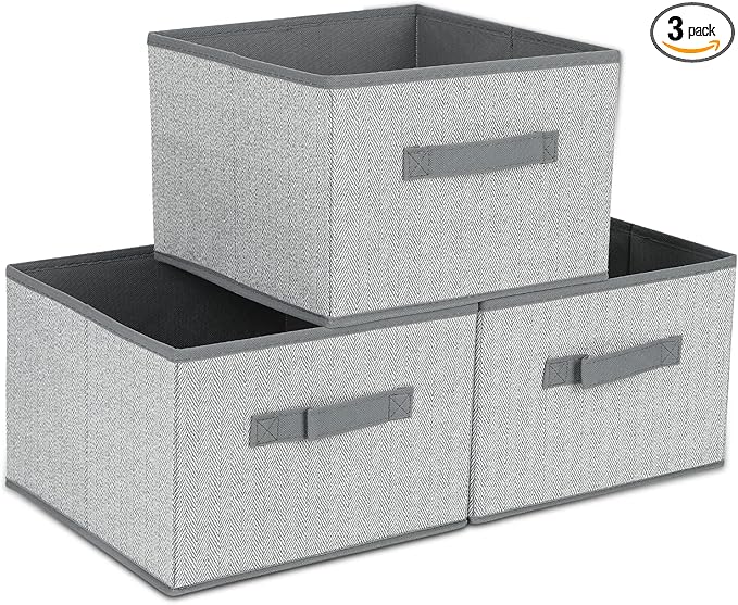 DAYARD Fabric Bins [3-Pack], Foldable Cube Baskets Storage Boxes for Shelves, Closet, Bookshelf, Nursery Organizer Containers, 11 x 11 x 8 inch Grey-NeatNest