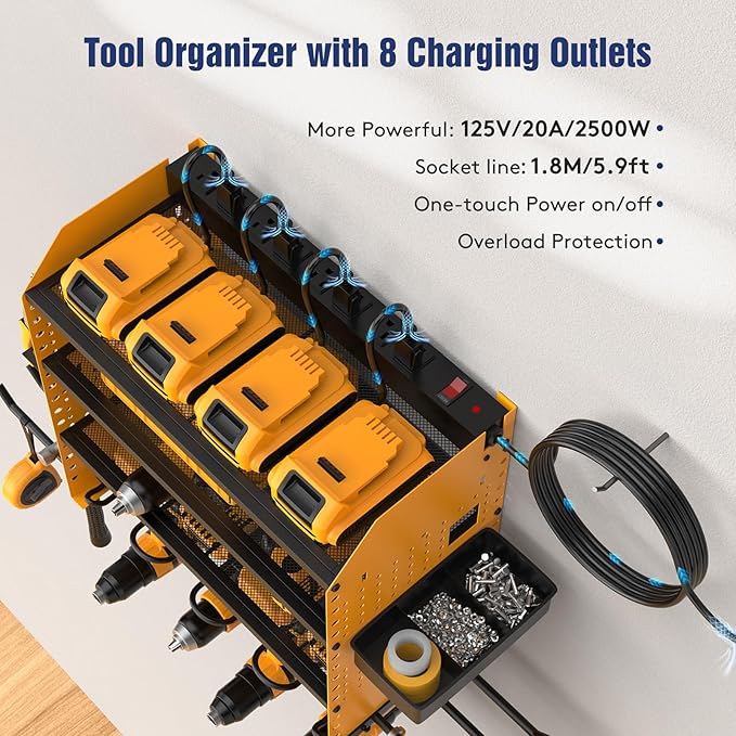 Heavy Duty Power Tool Organizer Wall Mount with Charging Station, 4 Layer Garage Storage Adjustable Shelves Height, Holds 4 Drills, 2 Hooks, Screw & Screwdriver box, Gifts for Fathers Day, Anniversary