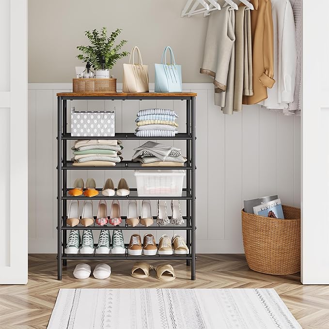 Tajsoon 6 Tier Free Standing Shoe Rack for 20-24 Pairs, X Shape Fixed Frame Metal Mesh Shoe Rack for Closet, Rustic Brown & Black-NeatNest
