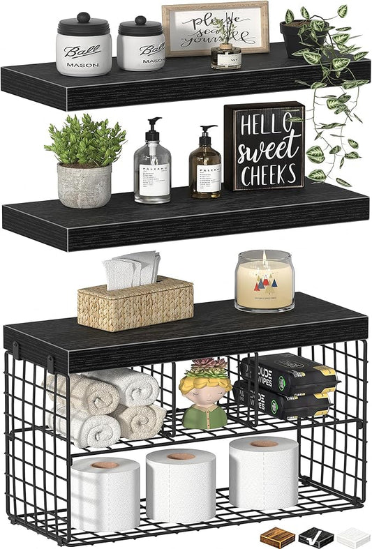 Bathroom Floating Shelves for Wall - Shelf Over Toilet Storage Small Farmhouse Decor Shelves (15.7 inch, Set of 3, Black)-NeatNest