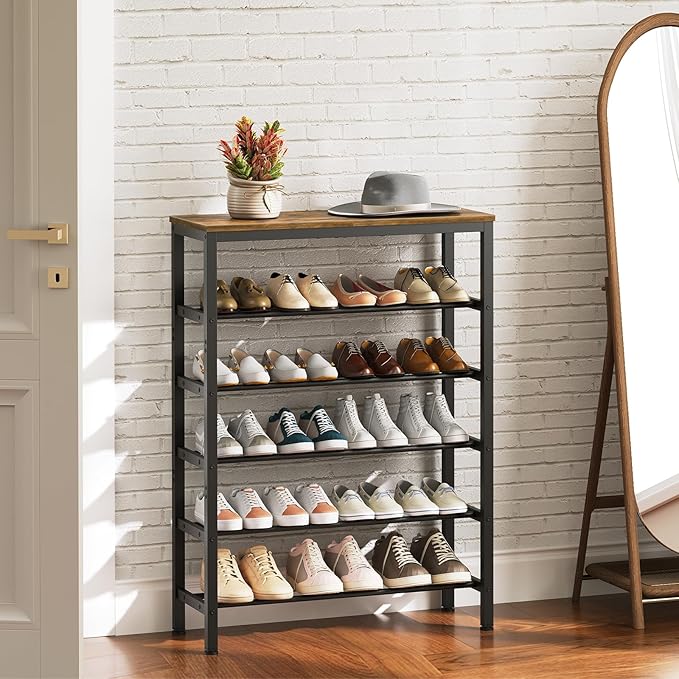 6 Tier Tall Shoe Rack, Large-Capacity Storage Organizer, Free Standing Shoe Shelf for Closet, Adjustable Metal Shoe Racks for 24 Pairs of Shoes, Rustic Brown and Black SS76BR-NeatNest
