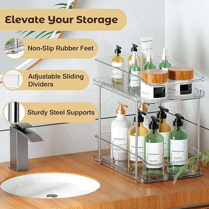 2 Tier Pull-Out Organizer for Bathroom Kitchen, Under Sink Storage with Dividers, Ideal for Cabinet, Cupboard Organization, Slide-Out Clear Storage, 2 Pack-NeatNest