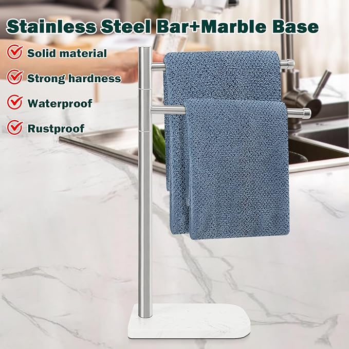 Hand Towel Holder, F-Shape Hand Towel Stand with Marble Base, Stainless Steel Swivel Hand Towel Rack Standing Towel Bar for Bathroom Kitchen Countertop, 2 Arms (Brushed Nickel)