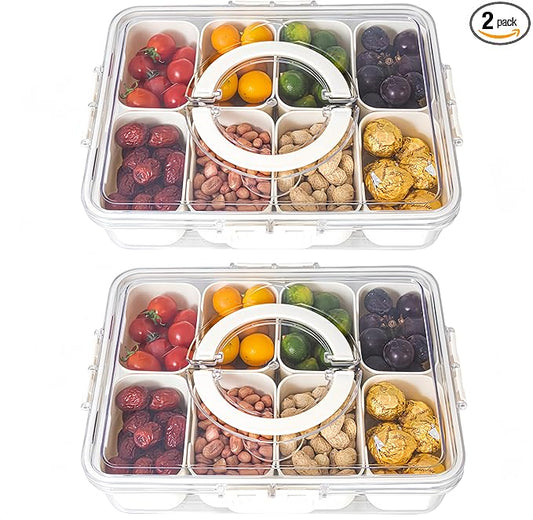 Divided Serving Tray with Lid and Handle - Divided Snack Tray for Portable Snack Platters - Clear Organizer for Candy, Fruits, Nuts, Snacks - Perfect for Party, Entertaining，2 pcs-NeatNest
