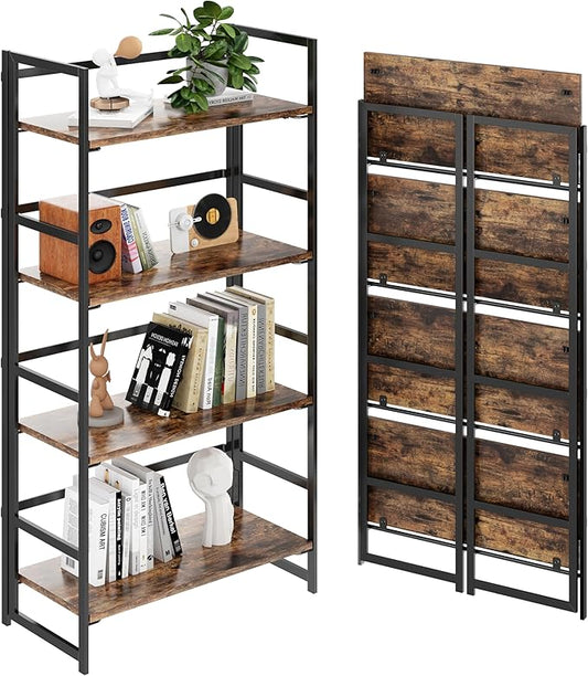 BHG Vintage Multifunctional Folding Bookshelf, No-Assembly Plant Stand Storage Rack Shelves for Home Office (Fire, 4-Tier)-NeatNest