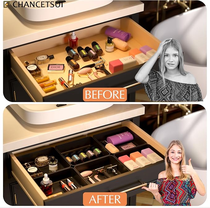 CHANCETSUI Black Stackable Vanity Organizer Trays: Thick Makeup Holder for Countertop, Shallow Drawers-NeatNest