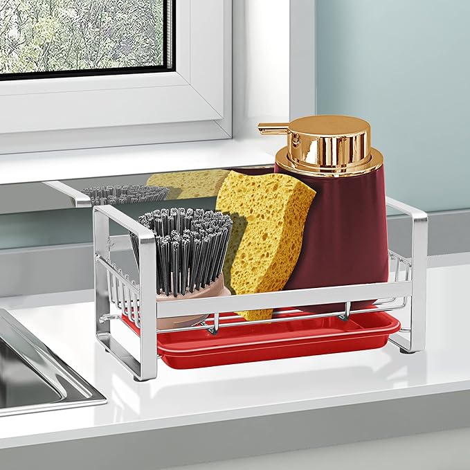 2 Pack Kitchen Sponge Holder - Kitchen Sink Organizer - Sink Caddy - Sink Tray - Soap Holder - Stainless Steel,Silver+Red 2PCS