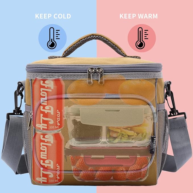 FlowFly Insulated Reusable Lunch Bag Adult Large Lunch Box for Women and Men with Adjustable Shoulder Strap,Front Zipper Pocket and Dual Large Mesh Side Pockets,Brown-NeatNest