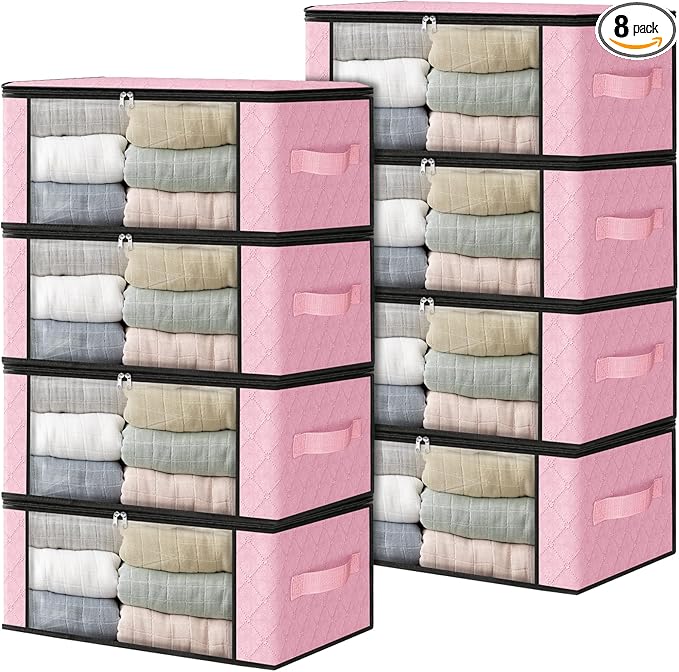 HomeHacks Storage 8-Pack Clothes Organizer Storage Bags Foldable Storage Box with Large Clear Window Sturdy Handles for Closet, Dorm, Pillows, Bedding, Clothes, Blankets, 35L, Pink-NeatNest