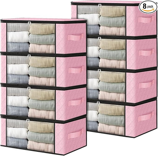 HomeHacks Storage 8-Pack Clothes Organizer Storage Bags Foldable Storage Box with Large Clear Window Sturdy Handles for Closet, Dorm, Pillows, Bedding, Clothes, Blankets, 35L, Pink-NeatNest