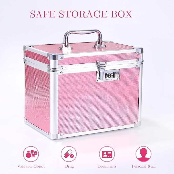 Medication Combination Lock Boxes with Code for Personal Items, Medicine Lockbox for Documents 10 x 7.25 x 7.75 Inches Rose