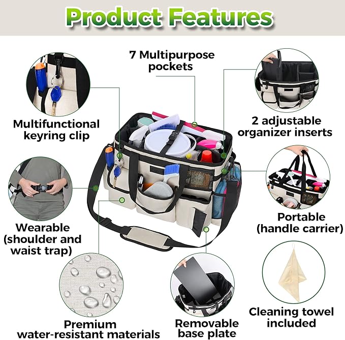 Cleaning Caddy Organizer with Handle - Large Caddy Bag for House & Bathroom Cleaning Supplies, 15 x 8 x 10.5 inches Cleaning Supply Caddy, Housekeeping Tote with Adjustable Strap - Beige-NeatNest