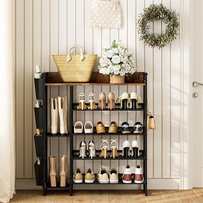 Brown 5-Tier Shoe Organizer - Free Standing Shoe Rack with Storage Bag for High Heels, Entryway, Hallways, Closets, Dormitory Rooms-NeatNest