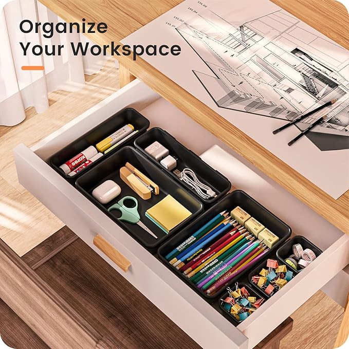 【𝟮𝟮𝗣𝗖𝗦】A-LUGEI Plastic Black Desk Drawer Organizer, Bathroom Organizers and Storage, Makeup Organizer, Organization and Storage Bin Container for Vanity Office Utensils Tool Pantry Cosmetic-NeatNest