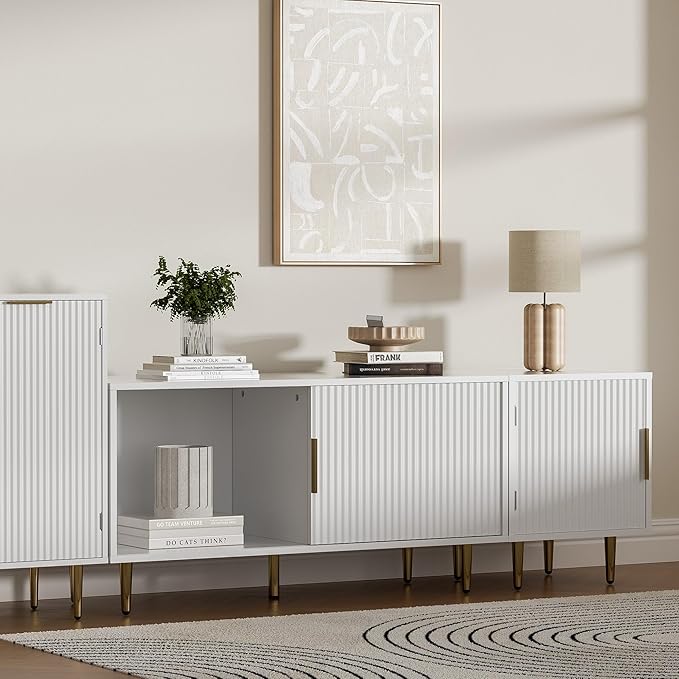 Combined Modern TV Stand for 55/60/65 inch TV, Small Entertainment Center with Adjustable Shelf, TV Media Stand with Storage Cabinet, TV Console with Gold Legs for Living Room, Bedroom, White-NeatNest