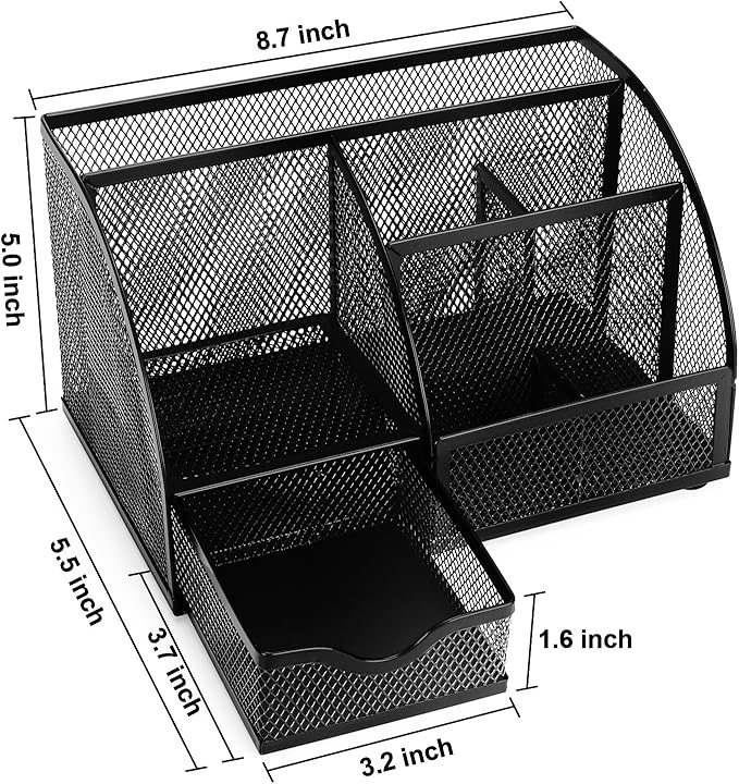 Comix Mesh Pen Pencil Holder Desk Organizer, 7 Compartment Wire Desktop Pen Pencil Cup Caddy Office Supplies for Home Office School, Black-NeatNest