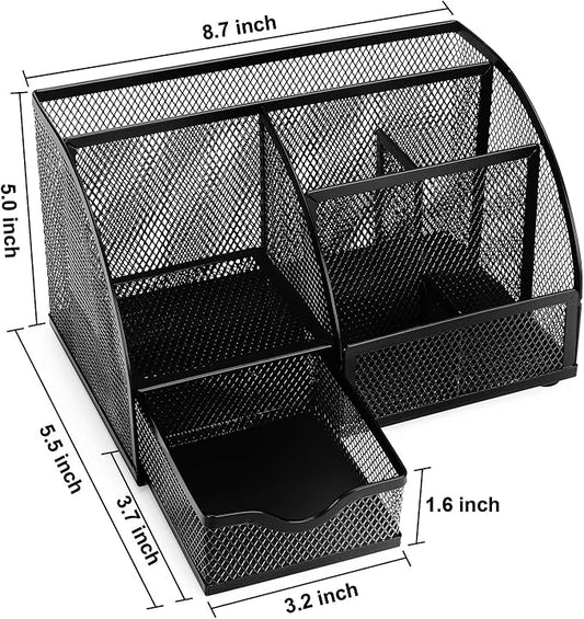 Comix Mesh Pen Pencil Holder Desk Organizer, 7 Compartment Wire Desktop Pen Pencil Cup Caddy Office Supplies for Home Office School, Black-NeatNest