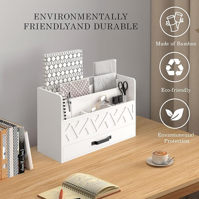 Bamboo Mail Organizer Countertop Wood Desk Organizer Drawer Tabletop Storage Box Letter Sorter Makeup Organizer for School Home Office Supplies White-NeatNest