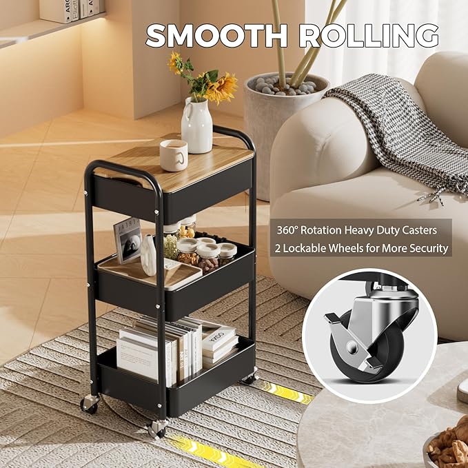 3 Tier Rolling Cart with Table top, Metal Utility Cart, Sturdy Storage Organizer Cart with Locking Wheels & Hooks for Office, Classroom, Kitchen and Bathroom-NeatNest
