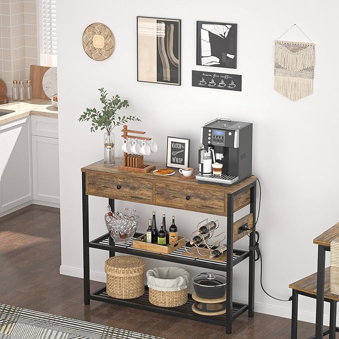 Ecoprsio Entryway Table with Outlets and USB Ports, Console Table with 2 Drawers, Small Sofa Table with Storage Shelves for Living Room, Couch, Hallway, Foyer, Kitchen Counter, 32'', Rustic-NeatNest