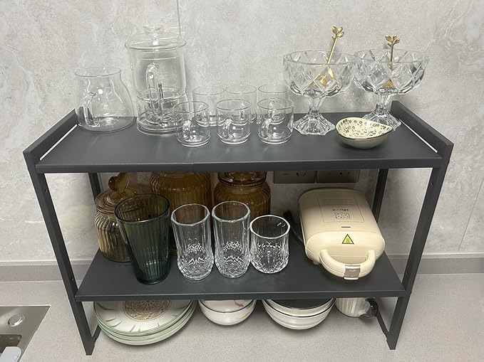 2 Tier Expandable Cabinet Shelf Organizer 14.5-25" L Kitchen Counter Shelf Rack Stand Sink Riser Countertop Storage Black (Normal 7.9”D)-NeatNest