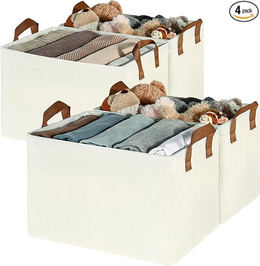 GRANNY SAYS Closet Storage Baskets, Collapsible Fabric Storage Bins with Metal Frame, Clothes Organizer Bins, Extra Large Baskets for Shelves, Ivory, 4-Pack-NeatNest