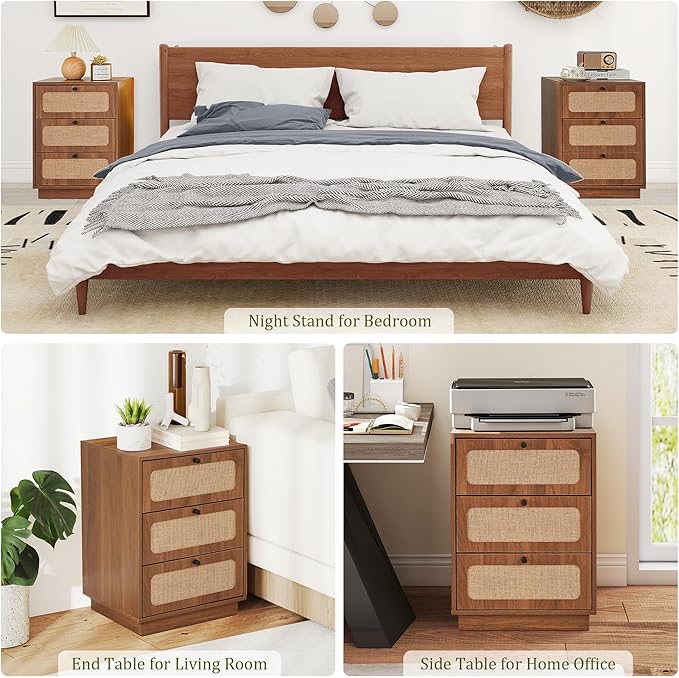 16 Inch Nightstand Set of 2, Mid-Century Wood Night Stand with 3 Storage Drawer, Farmhouse Small Linen Decor End Table for Sofa Couch, Side Tbale for Bedside Bedroom, Living Room (Walnut)