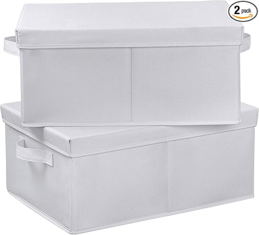 HOONEX Storage Bins with Lids for Organizing, Pack of 2, Storage Boxes with 2 Carrying Handles and Sturdy Heavy Cardboard, 16.5" L x 11.8" W x 7.5" H for Shoes, Books, Clothes, Nursery, White-NeatNest