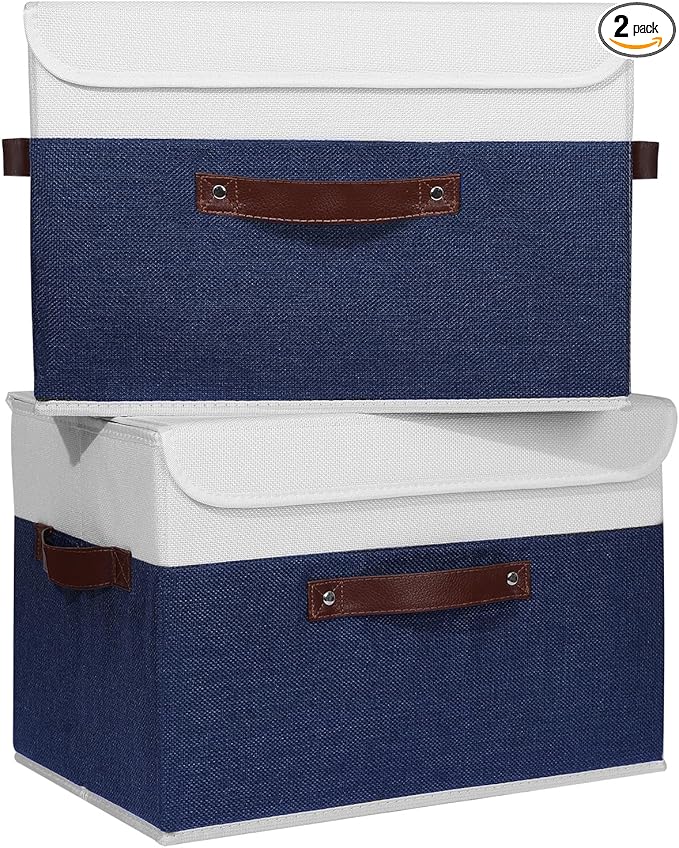 ANMINY 2PCS Storage Boxes with Lid Washable Decorative Storage Bin Basket with PU Leather Handle Foldable Linen Fabric Storage Cube Container for Home Closet Organizer - Deep Blue White, Large Size-NeatNest