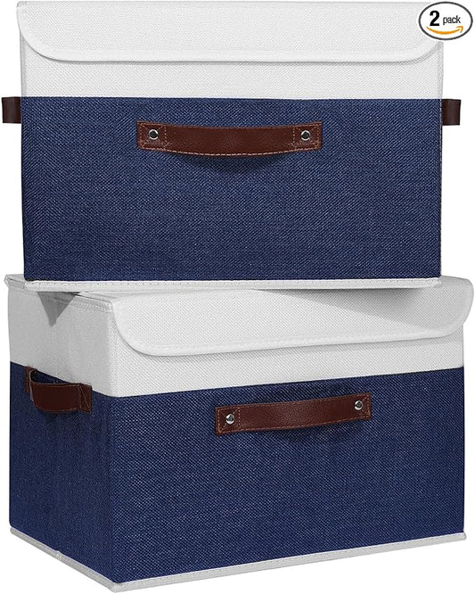 ANMINY 2PCS Storage Boxes with Lid Washable Decorative Storage Bin Basket with PU Leather Handle Foldable Linen Fabric Storage Cube Container for Home Closet Organizer - Deep Blue White, Large Size-NeatNest