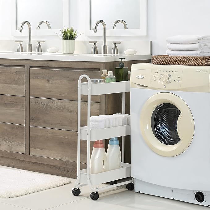 SunnyPoint Slim Rolling Storage Cart, 3 Tier Bathroom Storage Organizer Bathroom, Laundry Utility Cart (White)-NeatNest