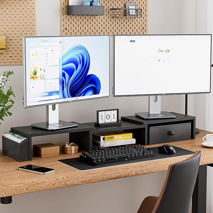 Dual Monitor Stand Riser, Adjustable Length & Swivel Angle Monitor Stand, Ergonomic Monitor Stand with Drawer & Side Pockets, Desktop Organizer and Office Desk Accessories, Black