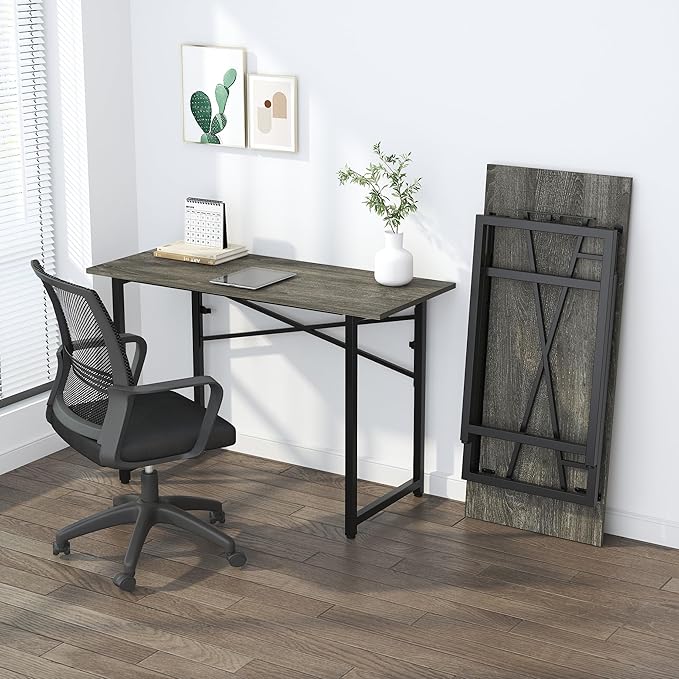 47 inch Folding Desk, Writing Gaming Computer Camping Table, No Assembly Required Home Office Desk, Black Oak-NeatNest