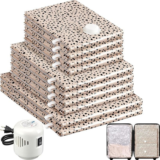 10 Pack Travel Vacuum Storage Bags with Electric Pump, 2 Large + 4 Medium + 4 Small Vacuum Sealer Bags, 80% Space Saver Bags for Luggage, Comforters and Blankets, Travel Essentials(Beige Leopard)-NeatNest