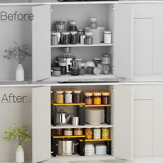 Expandable Kitchen Cabinet Organizer Shelves – Stackable Adjustable Metal and Wood Storage Racks for Countertop, Pantry, Garage Set of 2 Spice Rack – Easy Assembly, Space-Saving(2 Packs/Medium/Black)