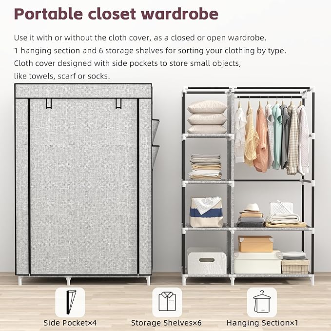Calmootey Portable Closet Organizers, Clothing Storage, Wardrobe with 6 Shelves and Hanging Rod, Non-Woven Fabric Cover with 4 Side Pockets, Ash Grey-NeatNest