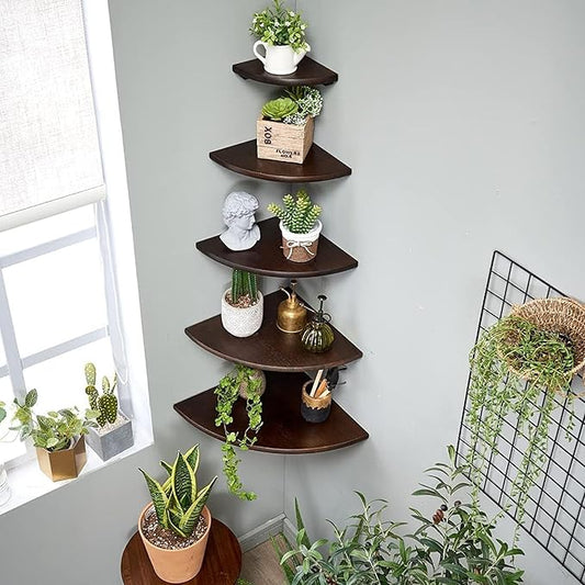 Corner Shelves, Floating Corner Shelf, Set of 2 Solid Oak Wood Wall Shelves, Round End Wall Mount with Wire Hole Shelving for Small Plant for Bedroom Kitchen, Living Room Walnut 8.7”-NeatNest