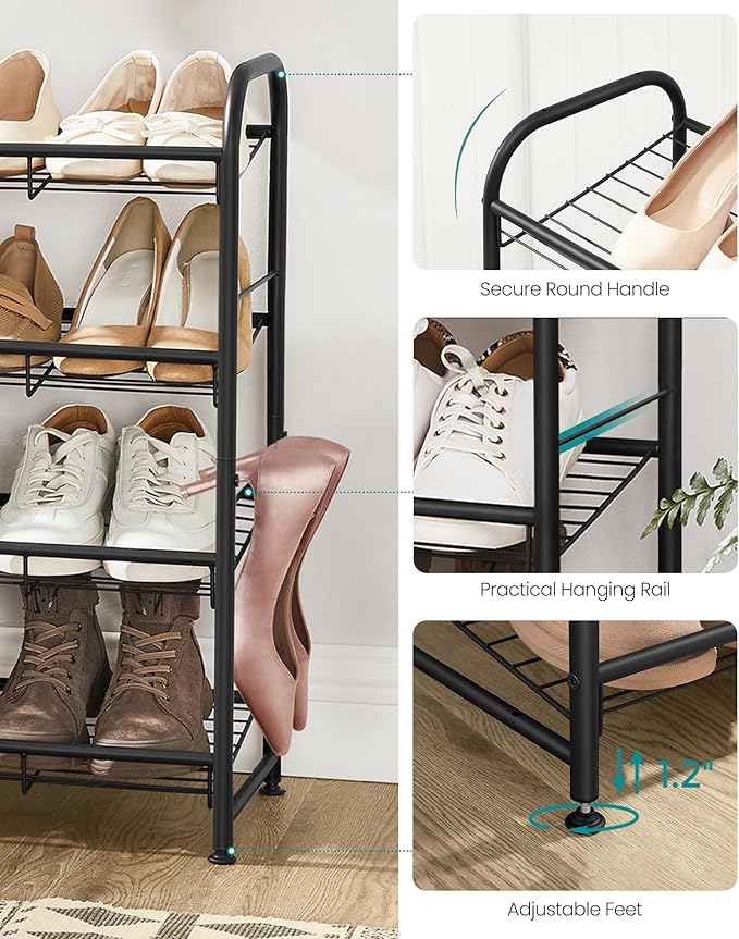 SONGMICS Stackable Shoe Rack, 4 Tier Metal Shoes Rack Storage Shelf, Holds up to 20 Pairs Shoes, Adjustable Slanted Shelves Shoe Tower Organizer for Closet Entryway Small Spaces, Black-NeatNest