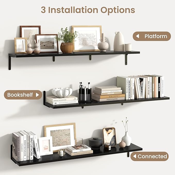 Fun Memories Deep Floating Shelves, 48W x 8D Floating Shelves Set of 2, Wall Mounted Shelf with Metal Brackets, Rustic Wood Wall Shelf for Bathroom, Kitchen and Living Room, Black-NeatNest